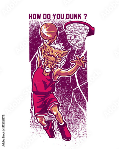 Aggressive Boar Mascot Slam Dunking Basketball with Intense Focus and Dynamic Motion.