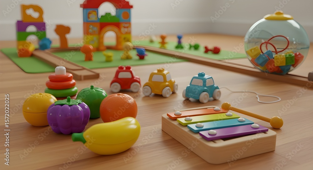 A 5D flat-lay image of educational plastic stacking rings on a neutral surface, each ring brightly colored A 5D flat-lay image of educational plastic stacking rings on a neutral surface, each ring brightly colored
