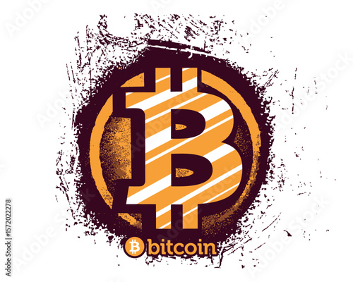 Distressed Bitcoin Symbol with Diagonal Stripes and Grunge Border.