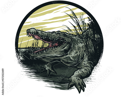 Menacing Alligator Emerging from Murky Waters with Open Jaws and Sharp Teeth.