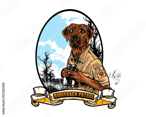 Ridgeback Patrol Anthropomorphic dog in uniform with binoculars nature backdrop.