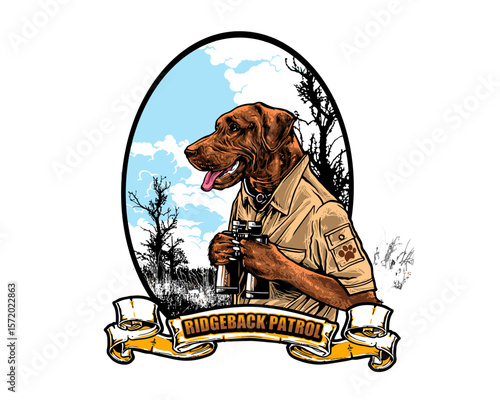 Ridgeback Patrol Dog Illustration with Binoculars and Uniform in Oval Frame.