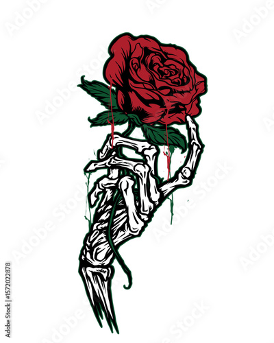 Skeletal Hand Holding a Bleeding Red Rose with Green Leaves.