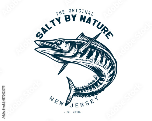 Striking Barracuda Illustration with Salty By Nature Text New Jersey Origin.