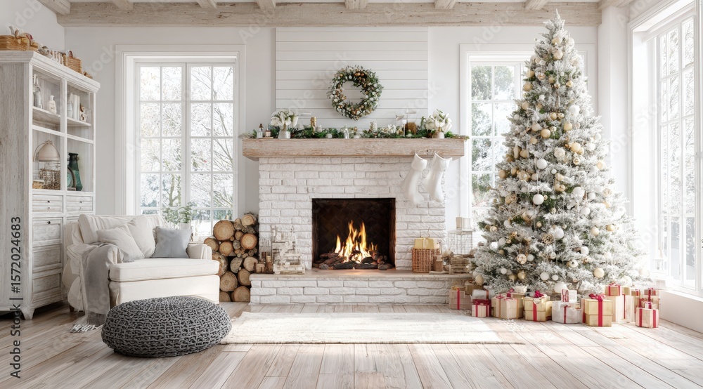 Fototapeta premium Cozy living room with a decorated Christmas tree, fireplace, and gifts, creating a festive and warm holiday atmosphere.