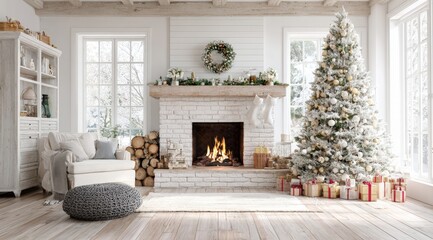 Cozy living room with a decorated Christmas tree, fireplace, and gifts, creating a festive and warm holiday atmosphere.