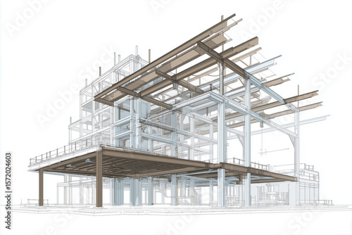 exploded view of a building’s structural frame, showing beams and columns in 3D CAD-style illustration