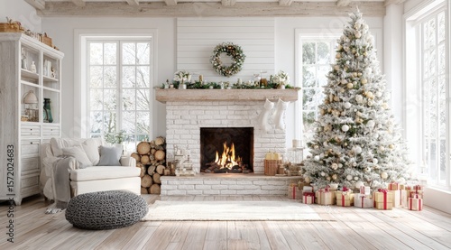 Cozy living room with a decorated Christmas tree, fireplace, and gifts, creating a festive and warm holiday atmosphere.