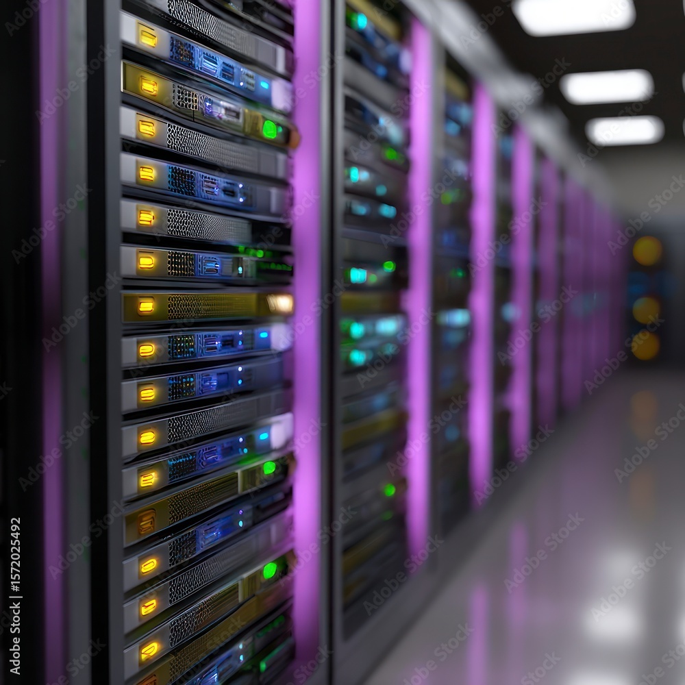 Rows of illuminated server racks with purple lighting in a data center Rows of illuminated server racks with purple lighting in a data center