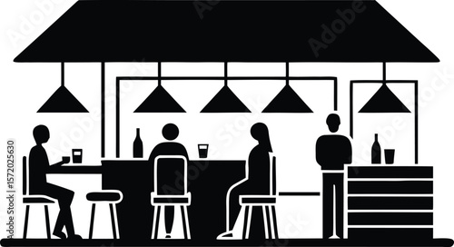 Photo of a minimalist silhouette illustration of people enjoying drinks at a bar with tables and stools