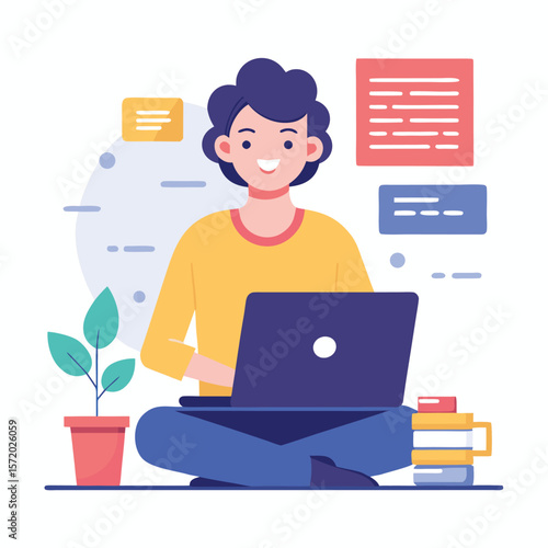 Cheerful individual working on a laptop computer demonstrating modern lifestyle in a clean flat design.