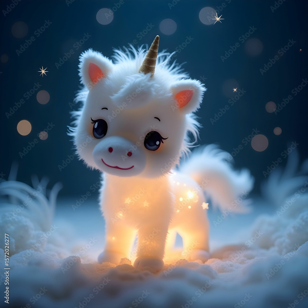 Obraz premium A magical, fantasy-themed soft toy unicorn gently glowing in a dreamy room.