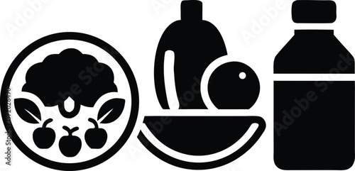 Photo of a simple still life illustration shows a bowl of fruit, an orange and bottle, conveying healthy eating