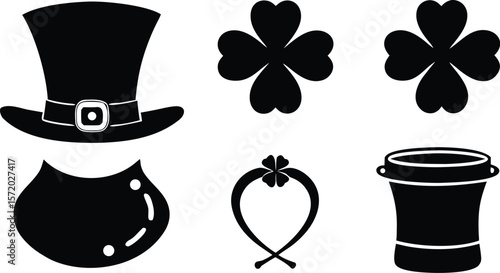 Photo of st patricks day icons featuring shamrocks, a hat, and a pot of gold for good luck