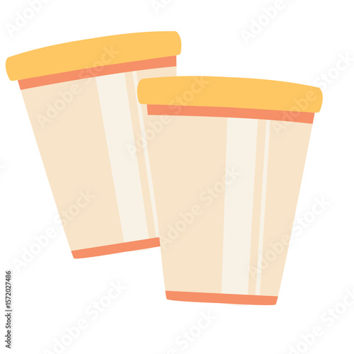 Two cream-colored drinking tumblers with orange lids. Flat design style, perfect for school, reusable containers, hydration, or food themes.