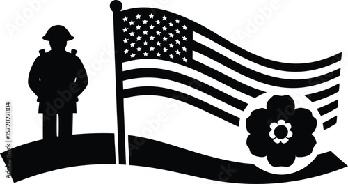 Photo of a memorial day tribute with a soldier, american flag, and poppy flower in black and white silhouette