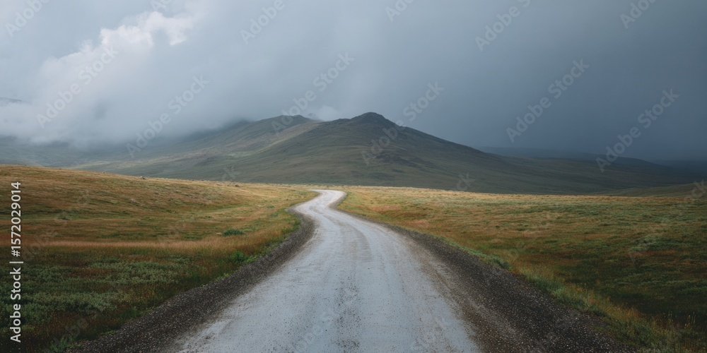 Naklejka premium High-Quality Reflective Asphalt Road Winding Through Tundra Landscape with Stormy Sky for Adventure Travel and Resilience Marketing Campaigns