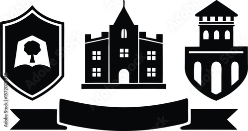 Photo of a collection of university and college symbols represents higher education and academic institutions
