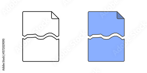 Broken document icon with file and a visible break through the paper, ideal for data breach, corrupted files, and digital security issue illustrations.