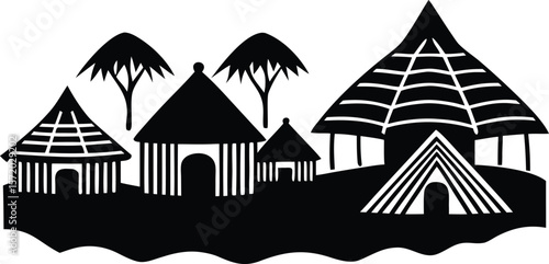 Photo of a silhouette of traditional african huts, representing rural village life and cultural heritage