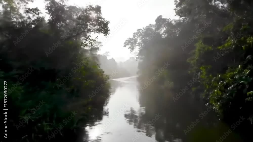 Misty River Through Lush Rainforest Trees Early Morning Misty River Through Lush Rainforest Trees Early Morning