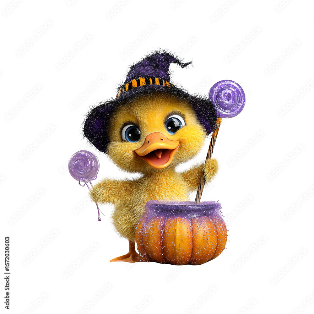 Fototapeta premium Adorable Duckling Witch with Candy and Cauldron for Halloween