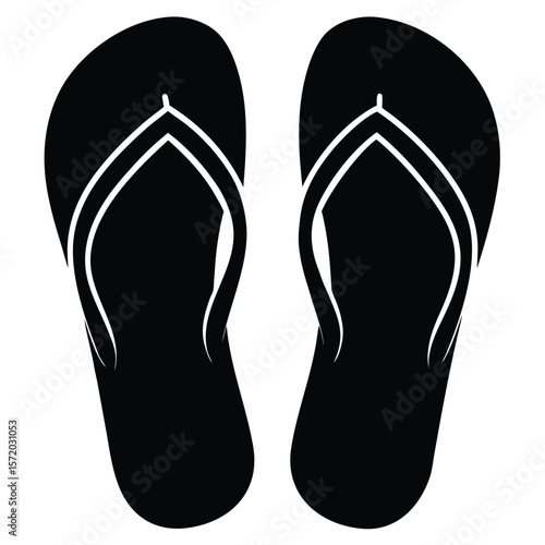 Black flip flops are shown on a white background in a minimalist style