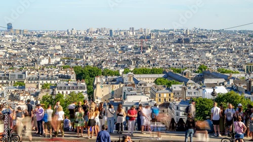 Timelapse of Tourists at Montmartre Hill Overlooking Paris, France on a Sunny Day