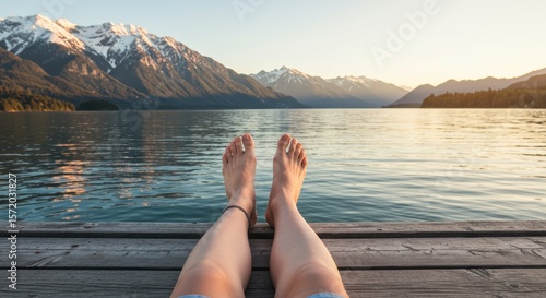 Fototapeta Naklejka Na Ścianę i Meble -  Bare feet on a wooden dock overlooking a lake