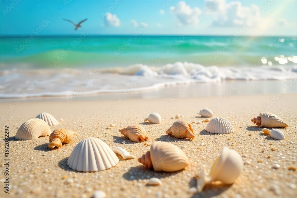 Seashells scattered on a sun-drenched beach, gentle waves lapping the shore, a tranquil scene of summer relaxation Perfect for travel, vacation, and nature themes , paradise, scenery Seashells scattered on a sun-drenched beach, gentle waves lapping the shore, a tranquil scene of summer relaxation Perfect for travel, vacation, and nature themes , paradise, scenery