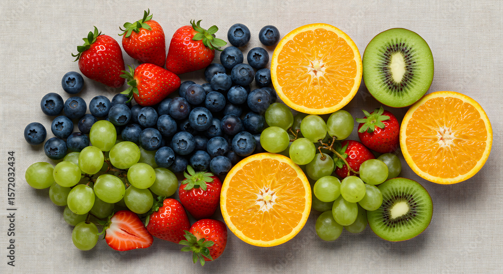 Top View of Fresh Colorful Fruits Arranged on Natural Linen Fabric Top View of Fresh Colorful Fruits Arranged on Natural Linen Fabric