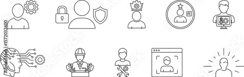 User Management, Profile Security, Skill Development, Technical Identity, AI Thinking – Vector Line Icons Set for HR & Tech UI