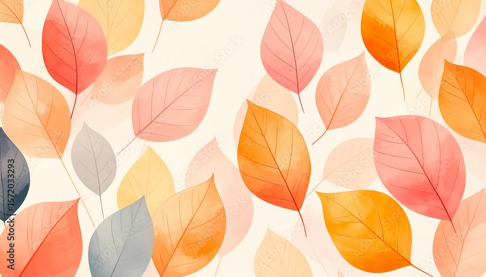 Obraz premium Watercolor Autumn Leaves Pattern: Pastel Hues, Delicate Veins, Artistic Design. Thanksgiving aesthetic background. Thanksgiving background image. Autumn leaves background aesthetic.