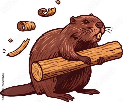 Beaver holding wooden log with wood shavings flying natural forest animal vector illustration
