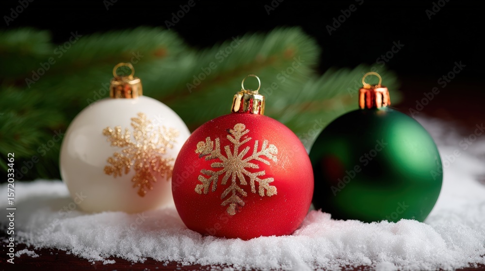 Three Christmas ornaments in red, white, and green with snowflake designs, resting on snow with pine branches in the background. Three Christmas ornaments in red, white, and green with snowflake designs, resting on snow with pine branches in the background.