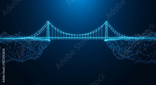 Abstract 3D Illustration of a Polygonal Bridge Connecting Two Floating Islands Representing Innovation and Collaboration on a Blue Background
