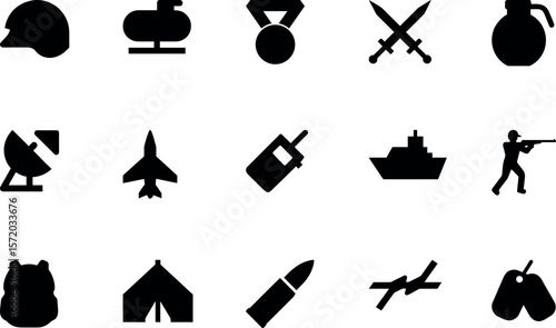 Military & War Silhouette Icon Bundle – Soldier with Rifle, Tank, Fighter Jet, Military Helmet, Medal Badge, Camouflage Backpack, Grenade, Naval Ship, Dog Tags, Crossed Swords, Tent, Ammunition, Radar