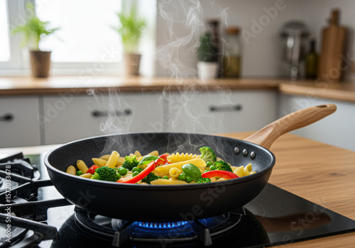 Pasta and Vegetables Cooking in a Pan on a Stove