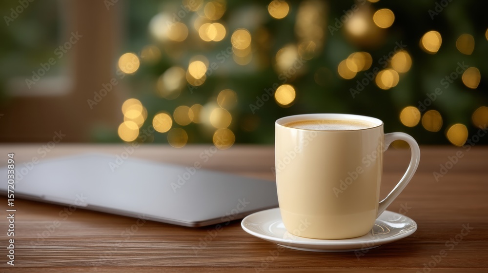 Obraz premium A warm cup of coffee on a saucer sits on a wooden table with a blurred Christmas tree and lights in the background, beside a closed laptop.