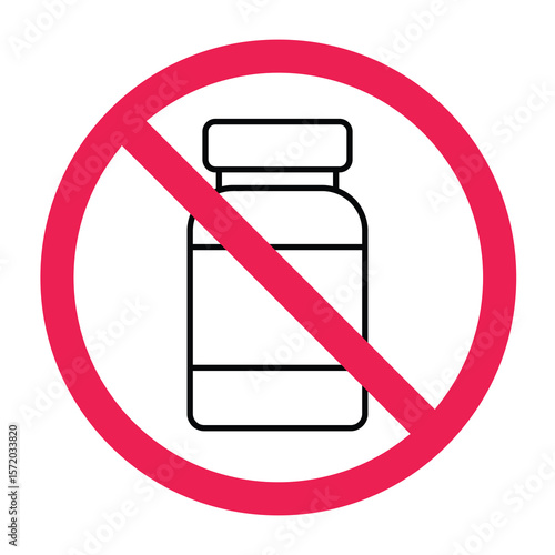 No medicine sign, forbidden medicine sign, prohibited drug icon, medicine bottle with red crossed circle symbol, forbidden medication symbol
