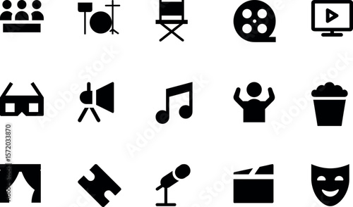 Entertainment & Theater Silhouette Icon Bundle – Theater Masks, Film Clapperboard, Spotlight, Microphone Stand, Stage Curtains, Movie Reel, Popcorn Bucket, Musical Notes & More Performance Icons