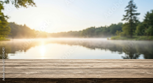 Serene Lake at Sunrise A Wooden Table Perspective