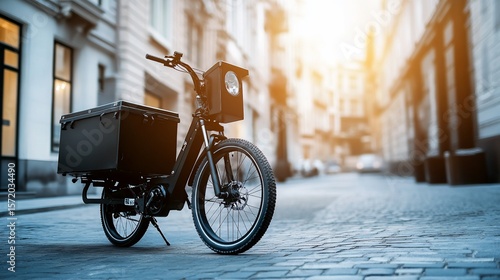 Modern delivery e-bike parked on a cobblestone street in a European city