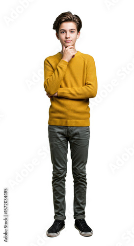 Teenage boy with thoughtful expression, hands on chin, full body shot