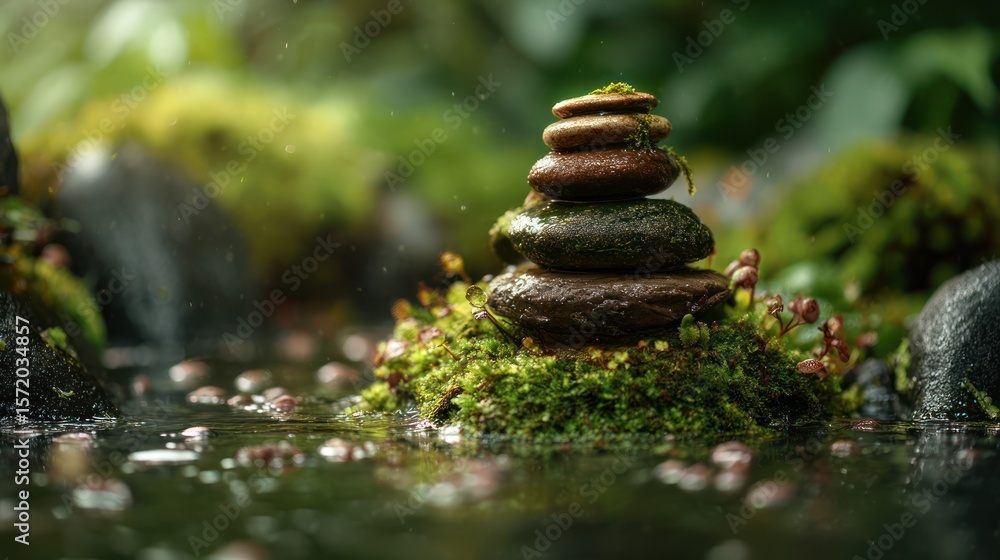 Obraz premium Stacked stones in a mossy garden setting