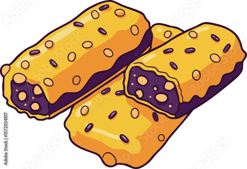 Chocolate filled dessert bars with nuts and golden coating vector illustration