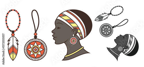 African woman profile silhouette adorned with traditional tribal jewelry and ethnic designs.