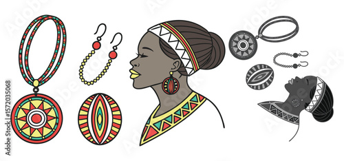 African woman profile with various jewelry and ethnic tribal style illustrations