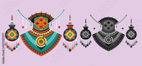 Colorful and black and white vector illustrations of ornamental indian jewelry designs