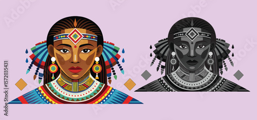 Colorful geometric portrait of an african woman featuring traditional jewelry and headdress